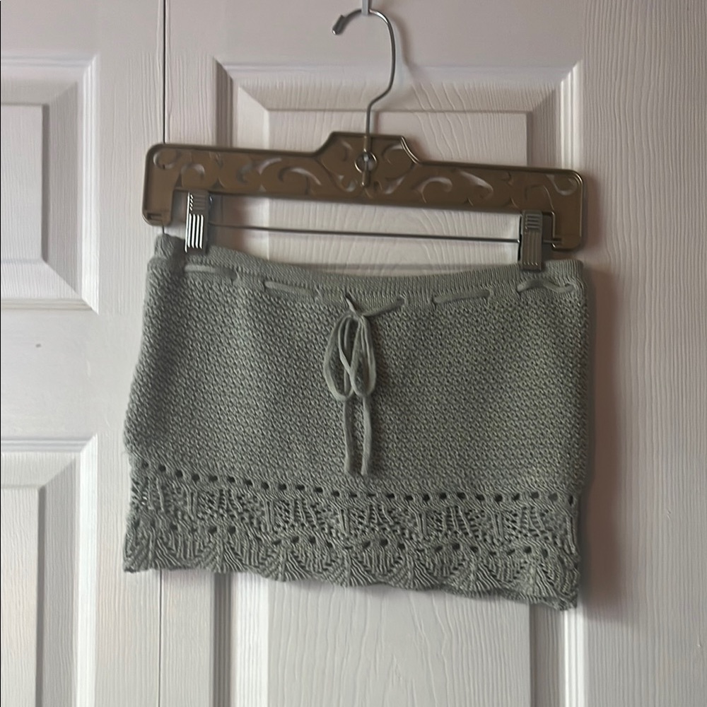 Aqua Gray Knit Skirt with Lace Hem